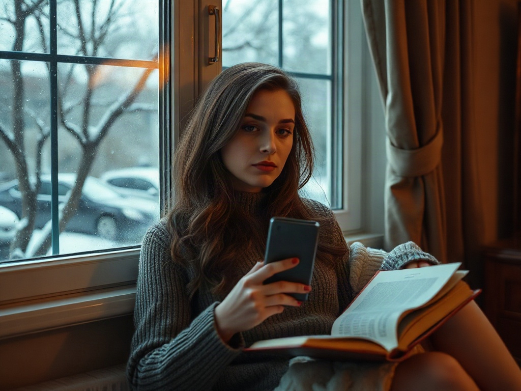 Девушка сидит у окна с книжкой и телефоном, за окном идет снег. Атмосфера уюта и покоя.
