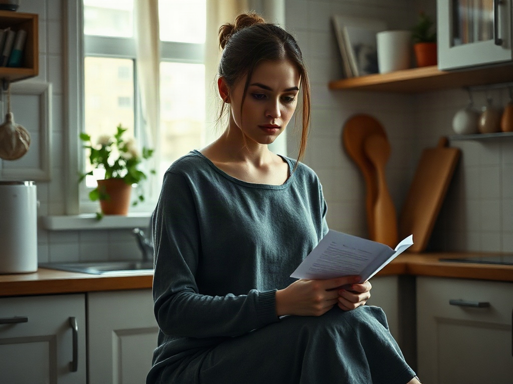 Молодая женщина читает книгу в уютной кухне, погруженная в свои мысли и окруженная растениями.