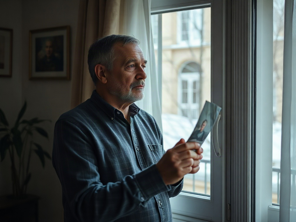 Пожилой мужчина смотрит в окно, держа фотографию в руках, донимает ностальгия и воспоминания.
