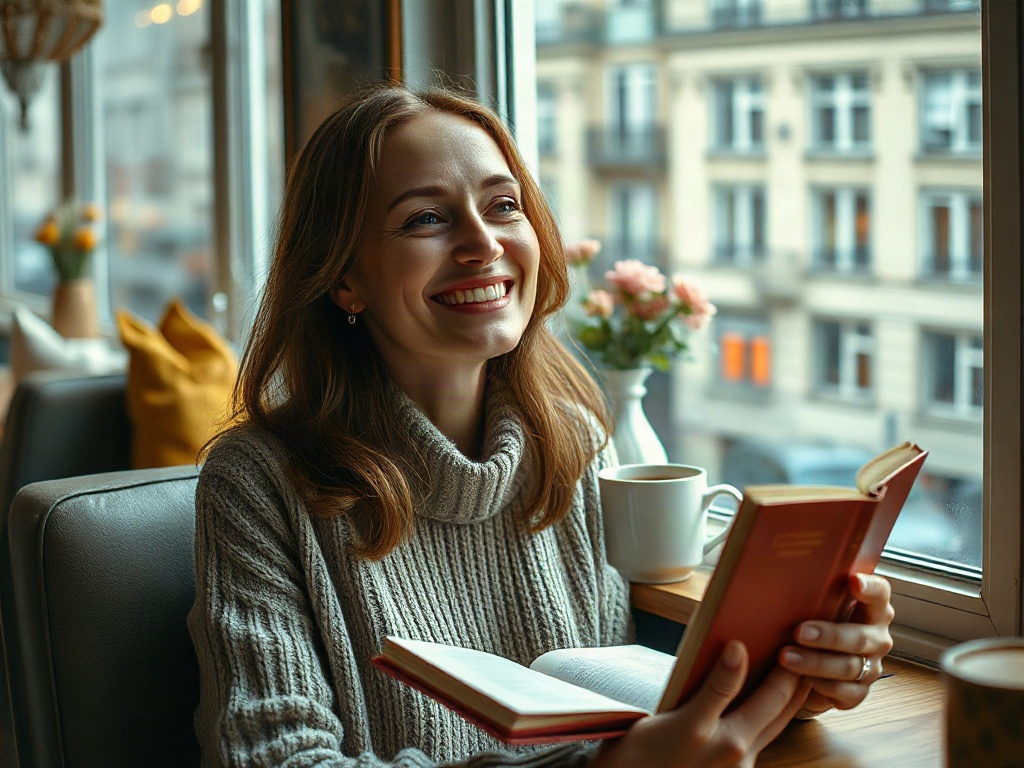 Красивая девушка в свитере улыбается, сидя у окна с книгой и чашкой кофе в уютном кафе.
