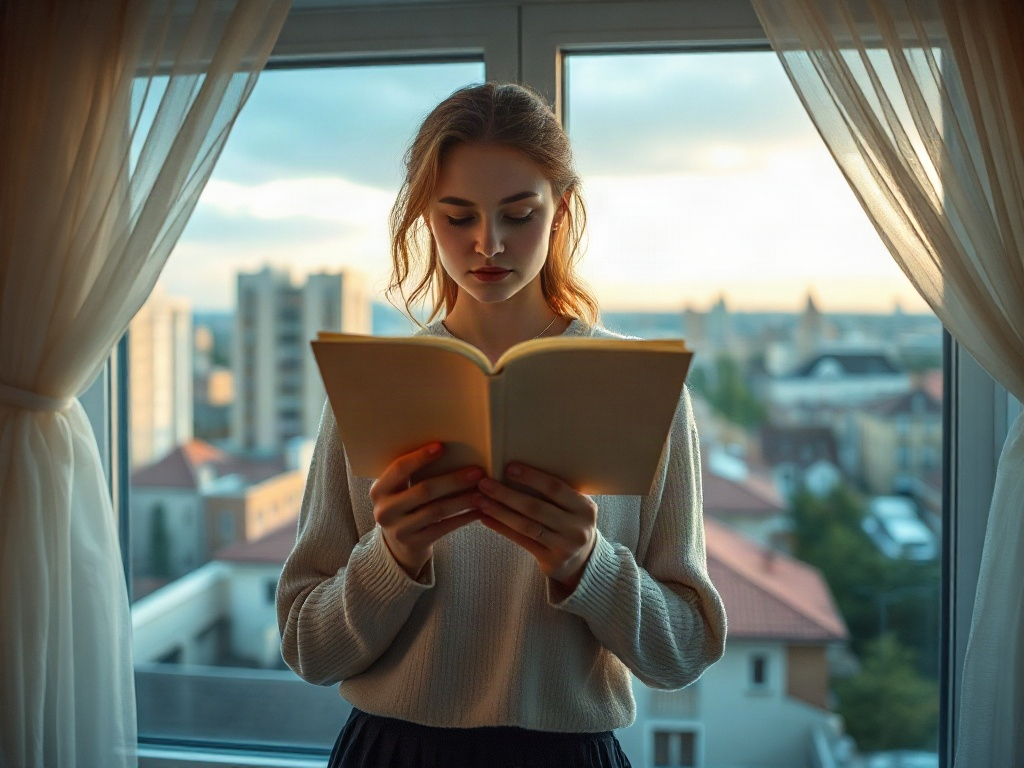 Девушка читает книгу у окна с видом на город, светлый интерьер, мягкий свет заката.
